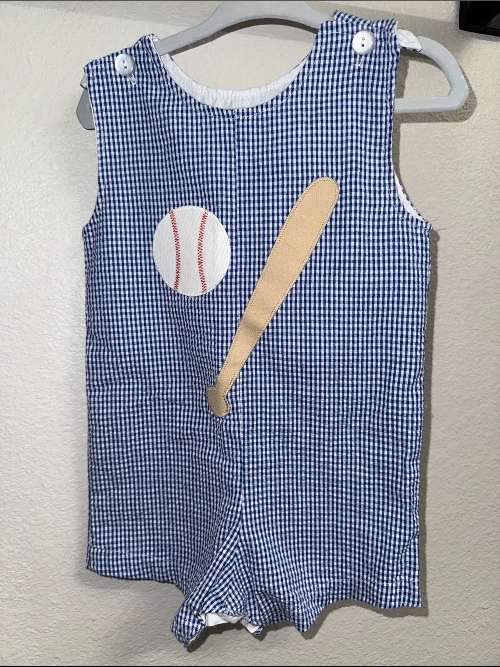 Blue Gingham Baseball Appliqué Kids Romper